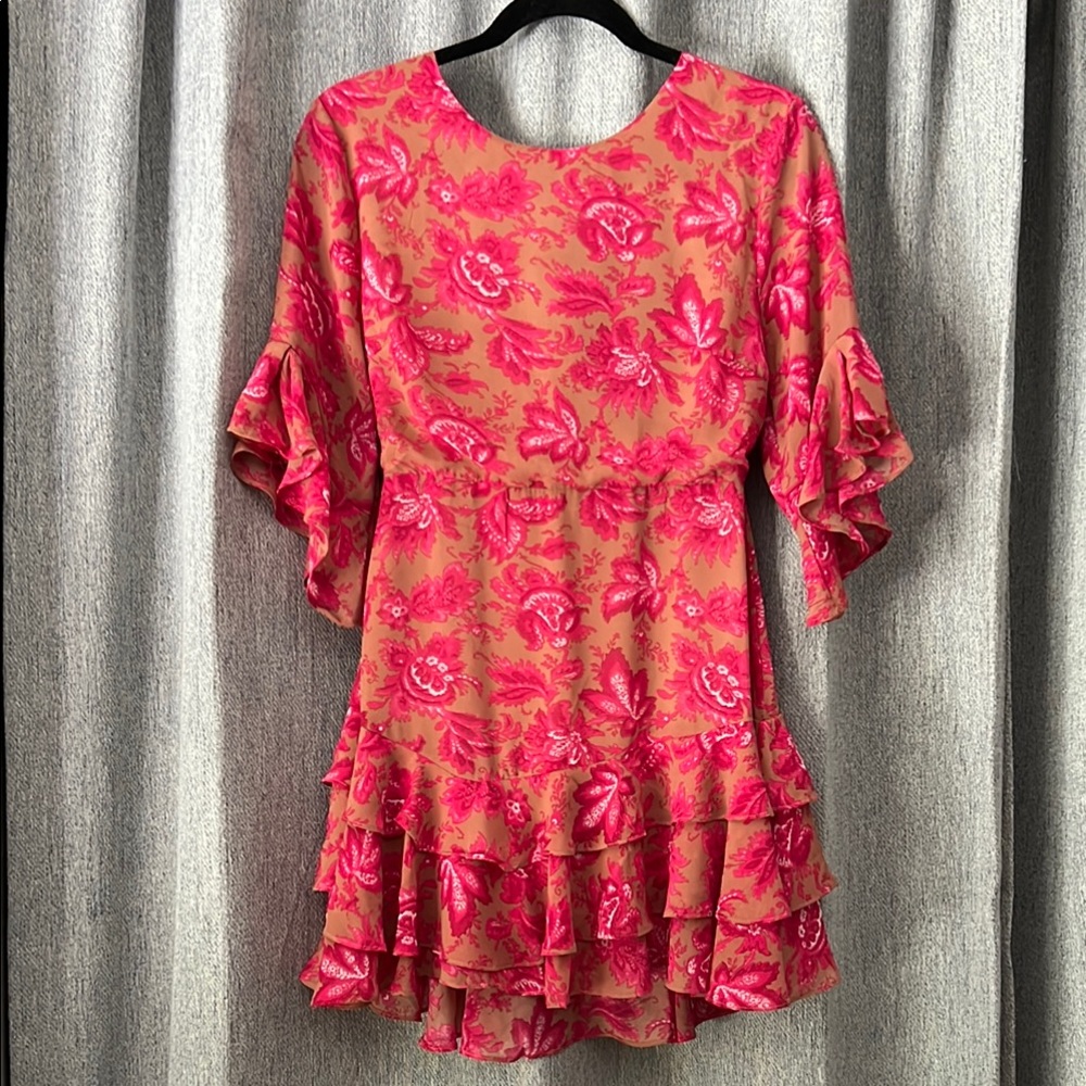 Flirty Floral Ruffle Dress in Pink and Tan